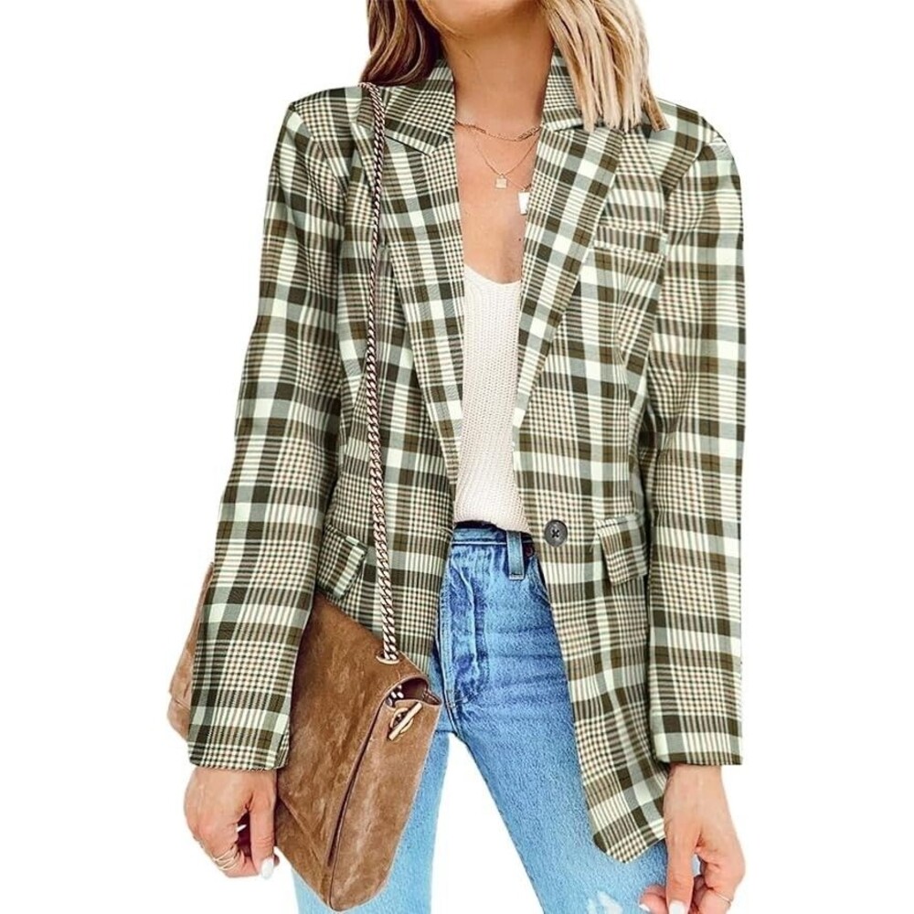 Plaid Blazer Jacket M Khaki Lightweight One Button Work Office